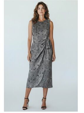 Patrick Collection Silk Gray Black Paisley Front Wrap Midi Dress Size 10